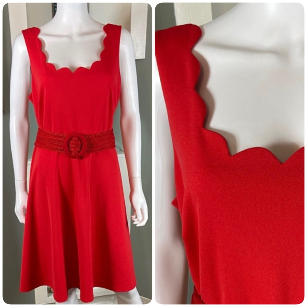 Nine West Red Scalloped skater Fit & Flared Midi Tank Sun Dress Sz 14 Sundress